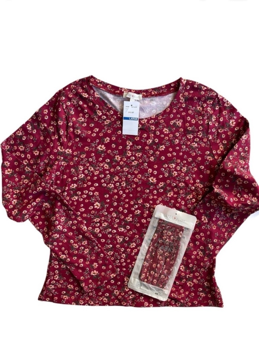 Ultra Flirt Burgundy Floral Top with Matching Face Mask | Size L